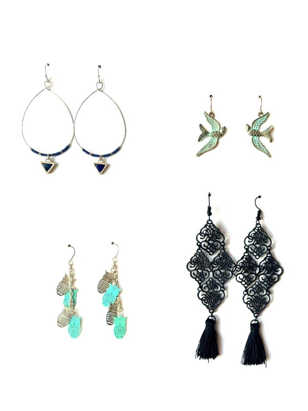Lot of 4 pair of earrings, blue turquoise silver gold black